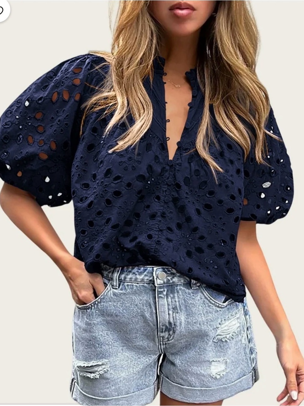 Pretty Garden Eyelet NWT Short Lantern Puffy Sleeve  Blouse Navy Blue Size M